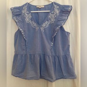 LOFT Light Blue Cotton V-Neck Embroidered Ruffle Sleeve Tank Size L